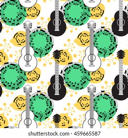 Classical acoustic guitar seamless pattern. Musical string instruments on white background. Vector Illustration.