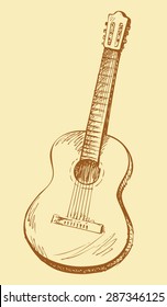 Classical acoustic guitar. Vector monochrome freehand linear ink drawn backdrop sketch in art antique scrawl style pen on paper. View close-up with space for text