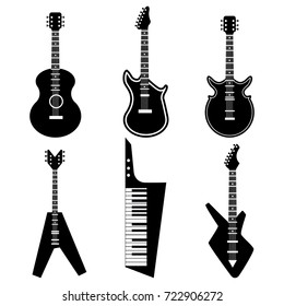 Classical acoustic and retro electric guitar black silhouette. Vector set of icons of musical instruments isolated on white background.