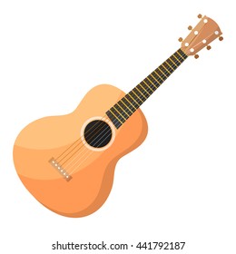 Classical acoustic wooden Cartoon guitar with strings on a white background. Isolate 
plucked musical instrument. Stock vector illustration