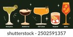 Classical alcohol cocktails vector illustrations set cartoon retro groovy funky style. Collection of various summer fancy drinks in different shapes glasses. Margarita, Manhattan, Negroni, Old Cuban