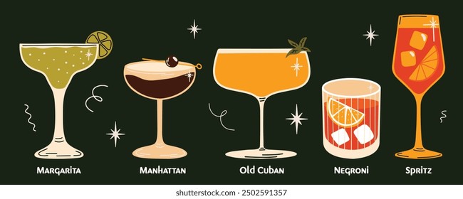 Classical alcohol cocktails vector illustrations set cartoon retro groovy funky style. Collection of various summer fancy drinks in different shapes glasses. Margarita, Manhattan, Negroni, Old Cuban