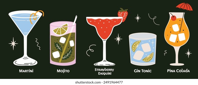 Classical alcoholic cocktails vector illustrations set cartoon retro groovy funky style. Collection of various summer tropical drinks in different shapes glasses. Daiquiri, Martini, Gin Tonic, Mojito