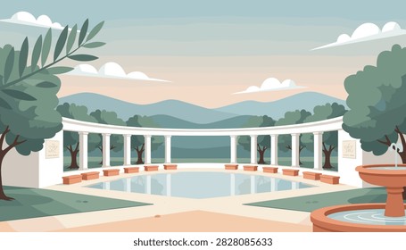 Classical ancient Greek courtyard with peristyle columns surrounding swimming pool and fountain