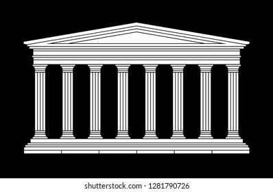 Classical ancient greek, roman temple, palace. Vector illustration, white silhouette on black background.