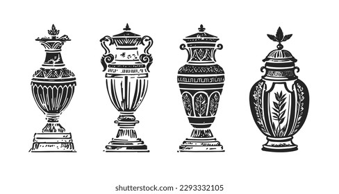 Classical ancient greek vase set, monochrome line icons. Vector illustrations