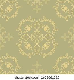 Clássico Antigo Barroco Golden Filigrana Ornamento Design Sem Costura Repetir Padrão no Sage Verde Fundo. Elaborar glamouroso elemento real para decoração rica papel de parede vestuário bordado saudações