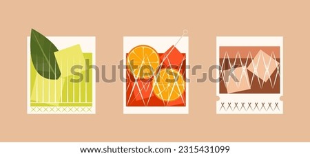 Classical aperitif in old fashioned crystal glasses. Set of alcoholic drinks in rocks glasses. Vector illustration for bar card.