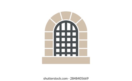 Classical arched stone window with a dark metal security grid represents ancient castle or dungeon architecture.