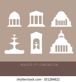 Classical Architectural collection made in vector. Illustration of fountain, mansion, temple, alcove facade made in realistic style. Template for business card, banner