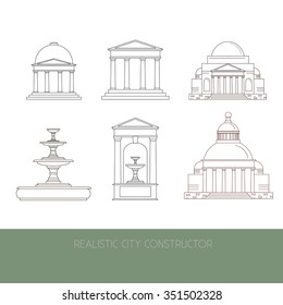 Classical Architectural collection made in vector. Illustration of fountain, mansion, temple, alcove facade made in realistic style. Template for business card, banner