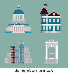 Classical Architectural collection made in vector. Illustration of fountain, mansion, temple, alcove facade made in realistic style. Template for business card, banner