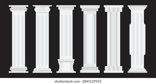 Classical architectural column set featuring six decorative pillars in varied styles,Suitable for architecture, construction, historical design, and ornamental illustration projects.
