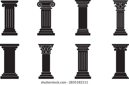 Classical architectural column silhouettes featuring Doric, Ionic and Corinthian styles, ornate capitals and fluted shafts in a black vector collection. Concept of history, architecture and heritage