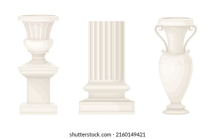 Classical architectural column and vases set. Classic antique decor element vector illustration