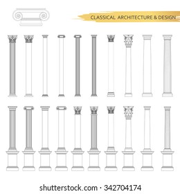 Classical Architectural Columns Drawings In Set. Vector Drawing Elements For Classic Architecture Design.