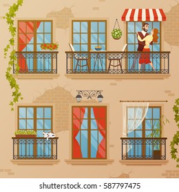 Classical architecture balconies set with flat image of townhouse wall with bricks windows decorations and bindweed vector illustration 