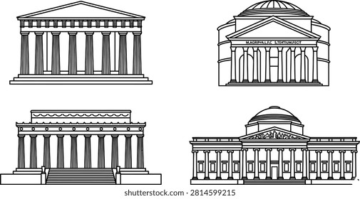 Classical Architecture Building Icon Set – Greek Temple, Pantheon, Memorial and Museum Line Art Vector