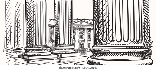 Classical architecture fast drawing, Sketch of Town Hall of Paris 5th Arrondissement seen from Pantheon colonnade, Hand drawn vector illustration landscape banner, Black and white