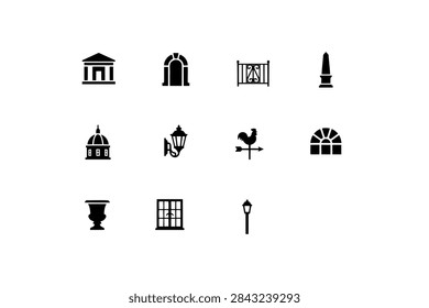 Classical architecture icon set featuring mausoleum, archway, decorative fence, obelisk, dome, lantern, weather vane, arched window, urn, grid window, and street light.