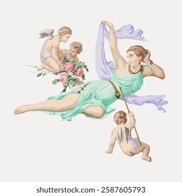 Classical artwork depicting a reclining woman in a flowing dress with cherubs. The scene is serene and mythological, featuring delicate, pastel colors. Vintage art illustration, vector.