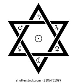 The Classical Astrological Planet Symbols In The Seal Of Solomon. Hexagram Shaped Symbol, Attributed To King Solomon, From Which It Developed In Islamic And Jewish Mysticism, And In Western Occultism.