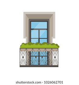Classical balcony with wrought iron railing and plants vector Illustration on a white background