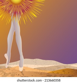 Classical ballet dancer posing on pointe over barren land or desert, dressed in a tutu symbolizing the rising summer sun