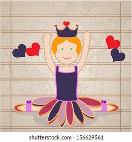 classical ballet dancer smiling and happy, in position and crown, vintage background with lines.