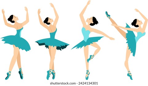 Classical ballet. Set of ballerinas in blue in ballet poses.