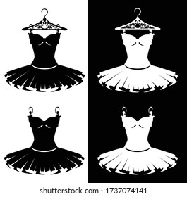 classical ballet tutu dress on a hanger - black and white vector silhouette design set