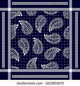 Classical bandana pattern inspired by Indian art. Flourish framed print with paisley elements.Man fashion textile collection. White on blue background.