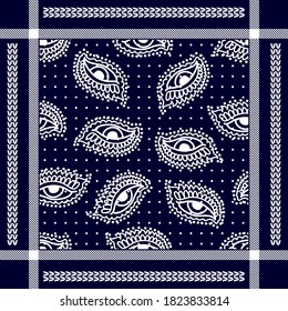 Patrón clásico de bandana inspirado en el arte turco. Impresión enmarcada con elementos paisley. Colección textil de moda masculina. Blanco sobre fondo azul.