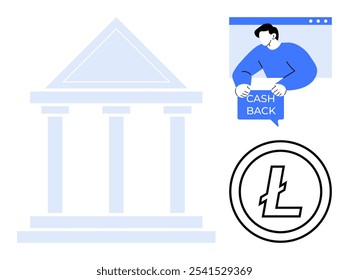 Um edifício de banco clássico é adjacente a um ícone de uma pessoa com texto Cash Back e o símbolo Litecoin. Ideal para serviços financeiros, criptomoedas, transações bancárias, fintech e on-line