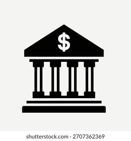 Edifício clássico do banco com ilustração do símbolo do dólar em preto e branco - ícone da arte da linha mínima para instituições financeiras, bancárias e econômicas