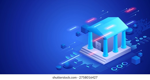 Classical bank building with glowing digital elements on a dark blue background. Business concept. Financial system, economic structure and institutional stability in a tech environment. Vector 