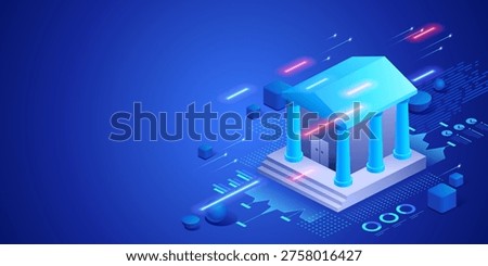 Classical bank building with glowing digital elements on a dark blue background. Business concept. Financial system, economic structure and institutional stability in a tech environment. Vector 
