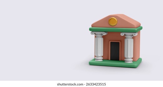Icono Clásica del edificio del banco con columnas sobre fondo claro. Ideal para finanzas, inversión, almacenamiento de dinero y conceptos económicos. Ilustración vectorial limpia y estilizada en estilo brillante 3D.