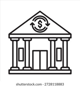 Ícone clássico do edifício do banco com moeda de dólar do ciclo do dinheiro setas ilustração minimalista