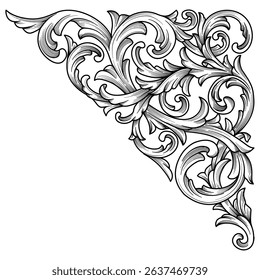 Classical baroque corner engraved ornament. Vintage filigree decorative border frame calligraphic element.