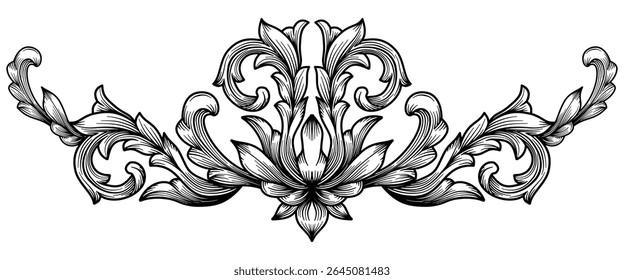 Classical baroque damask engraving of vintage ornament. Vintage Decorative design Arabesque victorian element. Flourish filigree calligraphy border ornamental.