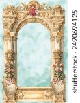 Classical Baroque decorative arch with vintage flower vase illustration for wedding decor