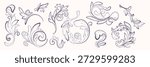 Classical baroque frame ornaments set isolated on white background. Vector illustration of vintage floral border and corner elements with scrolls and leaves, filigree swirl decoration, line art