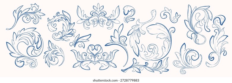 Conjunto de adornos de marco barroco Clásica aislado sobre fondo blanco. Ilustración vectorial de borde floral vintage y Elementos de esquina con pergaminos y hojas, decoración de remolino de filigrana, arte lineal