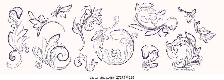 Conjunto de adornos de marco barroco Clásica aislado sobre fondo blanco. Ilustración vectorial de borde floral vintage y Elementos de esquina con pergaminos y hojas, decoración de remolino de filigrana, arte lineal