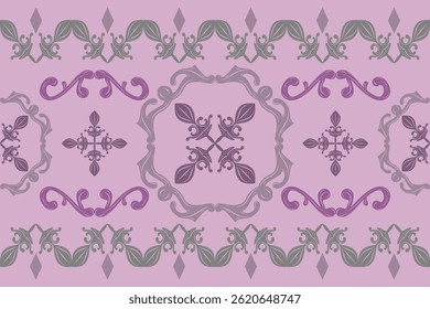 Classical Baroque Intricate Medieval Purple Theme Ornament Exquisite Arranged Border Pattern. Elaborate Victorian Beautiful Style for All Decoration as Silk Invitation Frame Embroidery Lace Ikat Batik