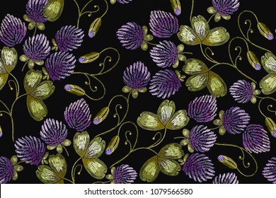 Classical beautiful flowers clover. Fashionable template for design of clothes. Embroidery pantone clover seamless pattern 
