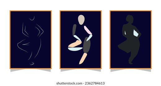 classical beautiful woman dance step vector set whit white and dark blue background. modern silhouette set.