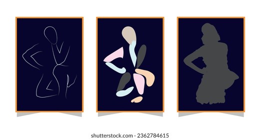 classical beautiful woman dance step vector set whit white and dark blue background. modern silhouette set.