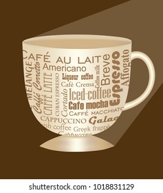 Classical beige porcelain coffee cup with lettering patterns, different kinds of coffee, 3d isolated cup on dark brown background, Vector EPS 10